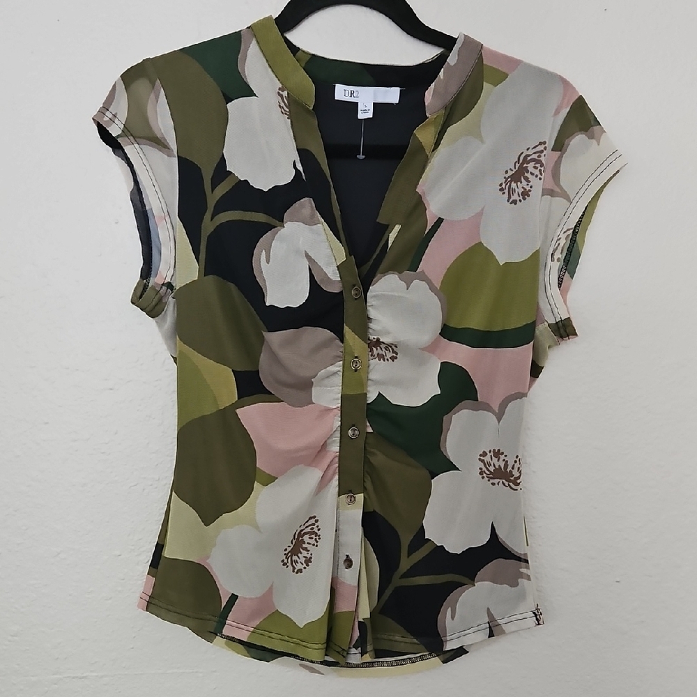 New Without Tags DR2 Green and Black Fitted Blouse with Notched Collar